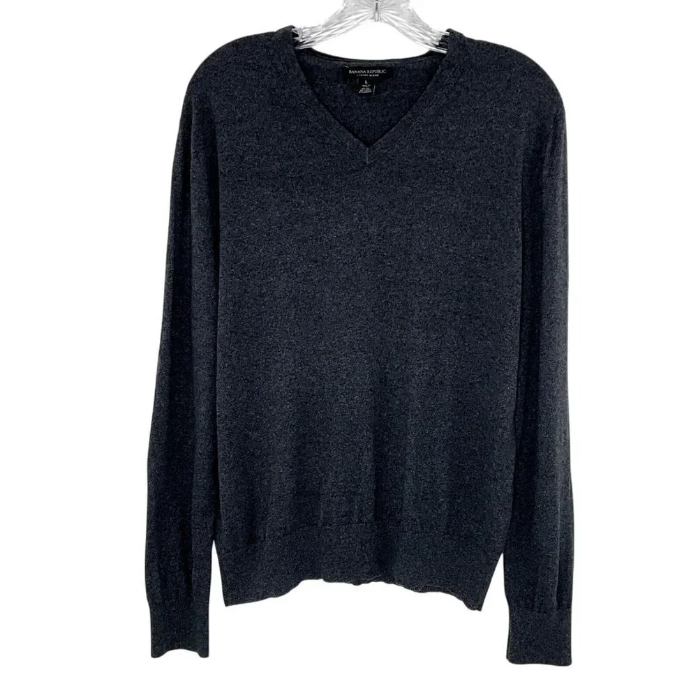 Banana Republic Sweater Men L Gray Luxury Blend Silk Cashmere V-Neck Casual Prep